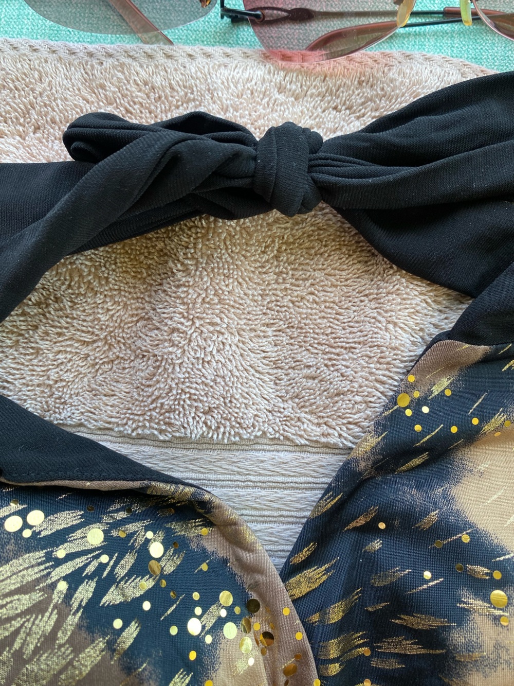 Vintage Y2K Seductions Halter Babydoll Mini Dress – Gold Splatter & Black Lace - Picture 4 of 7